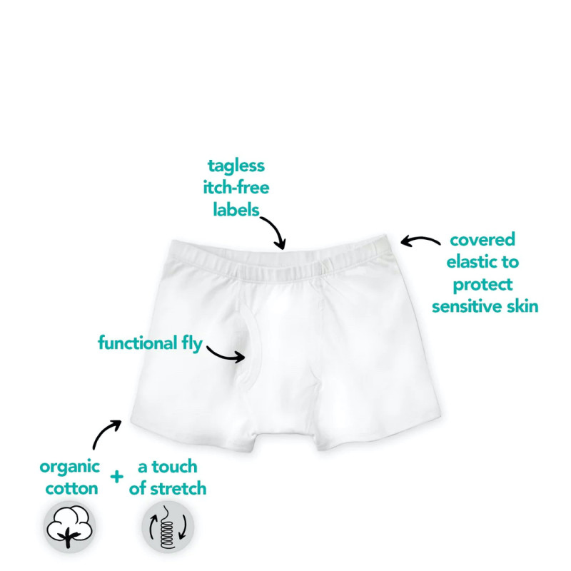 Organic Cotton 4-14 Years Boys underwear Boxer Briefs 3-Pack with Functional Fly and Fabric Covered Elastic White